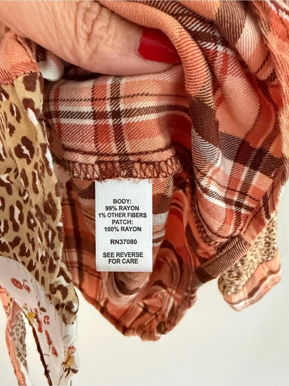 Cato Plaid & Leopard Mixed-Print Button Front Blouse - Rust/Tan - Picture 6 of 7